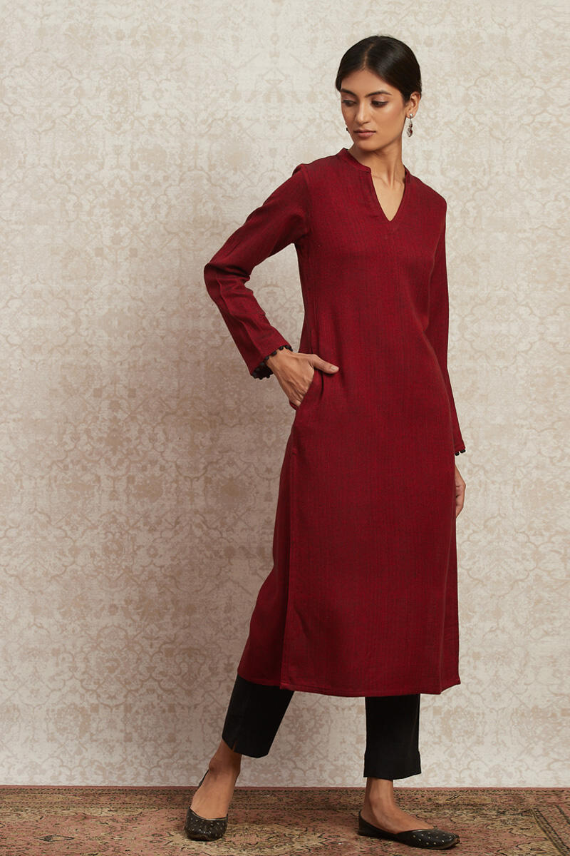 Maroon Handcrafted Straight Handloom Kurta
