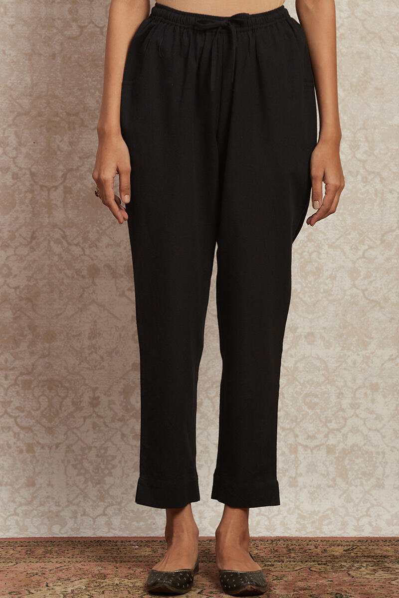 Black Handcrafted Cotton Cigarette Pants