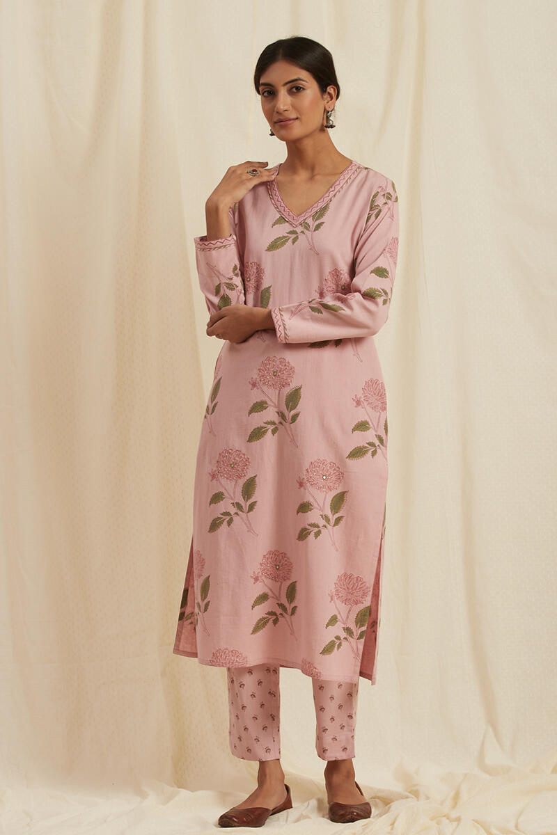 Pink Block Printed Cotton Pants