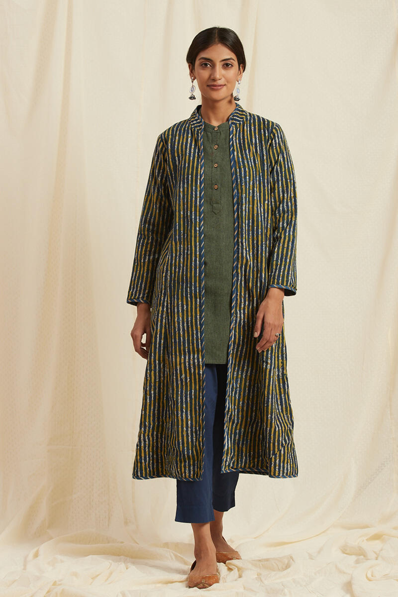 Indigo Block Printed Handloom Reversible Jacket