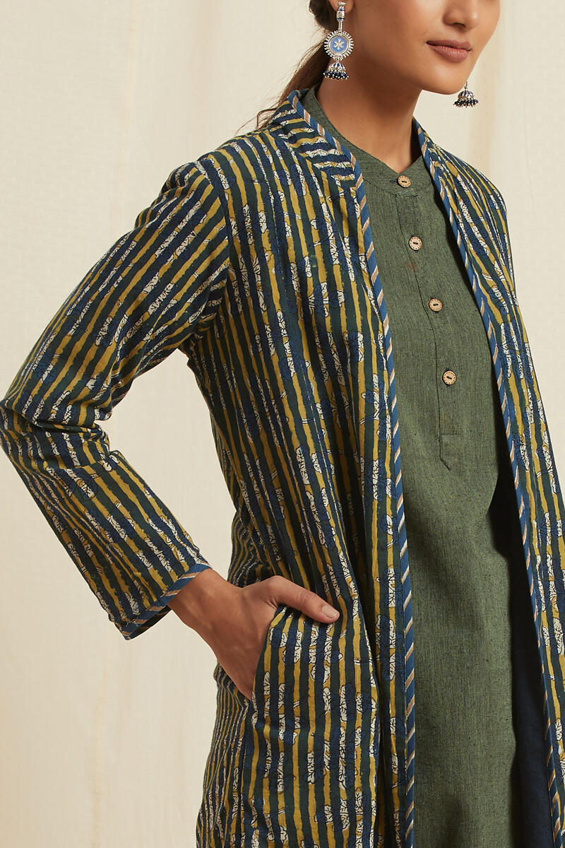 Indigo Block Printed Handloom Reversible Jacket