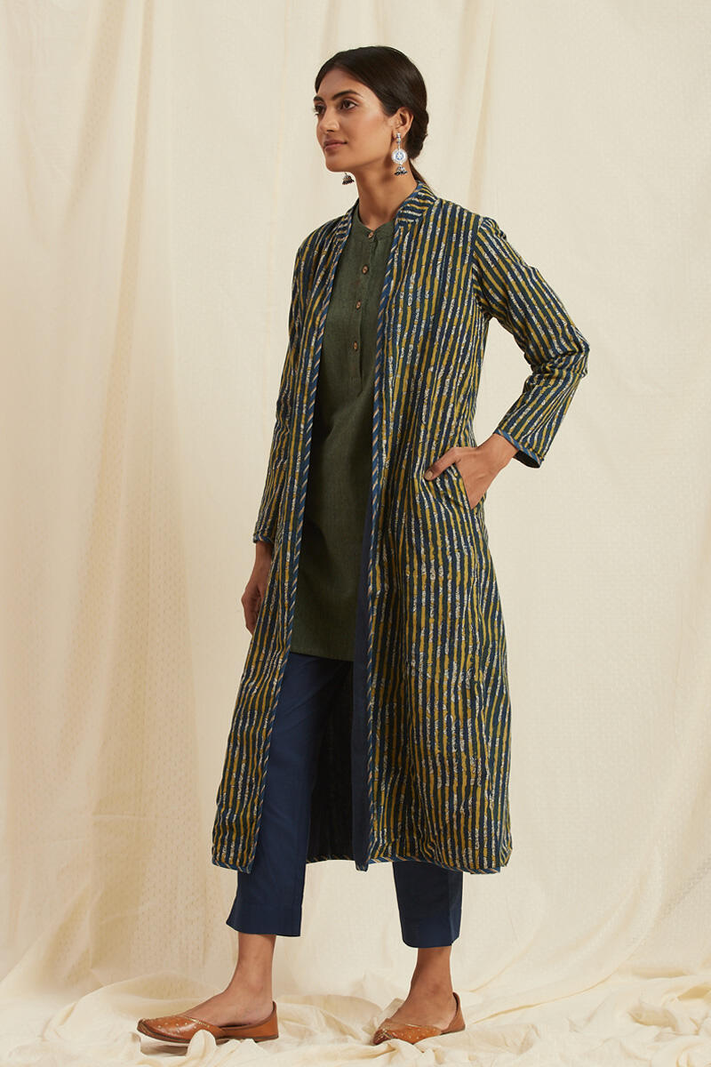 Indigo Block Printed Handloom Reversible Jacket