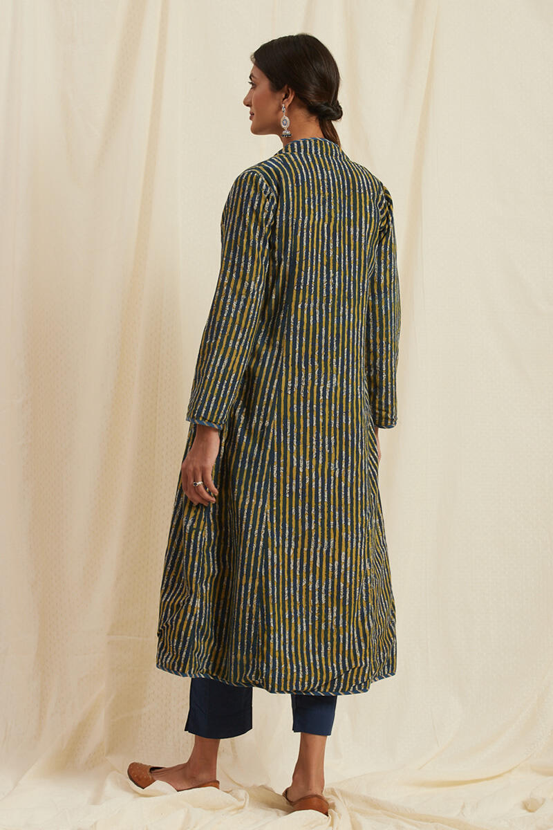 Indigo Block Printed Handloom Reversible Jacket