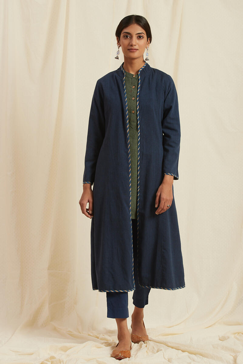 Indigo Block Printed Handloom Reversible Jacket