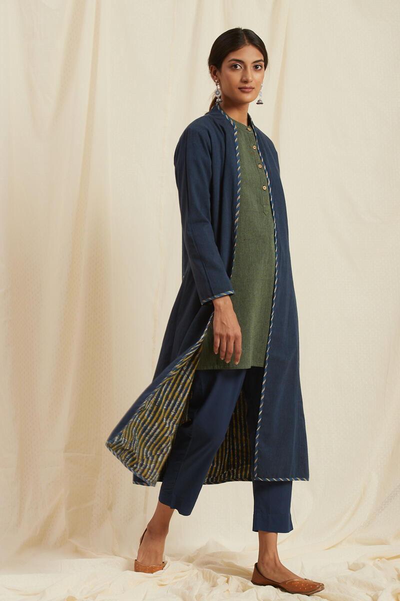 Indigo Block Printed Handloom Reversible Jacket