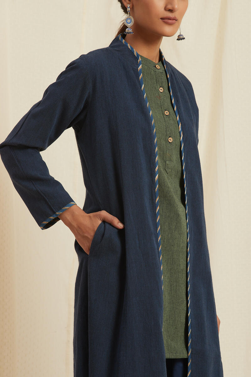 Indigo Block Printed Handloom Reversible Jacket
