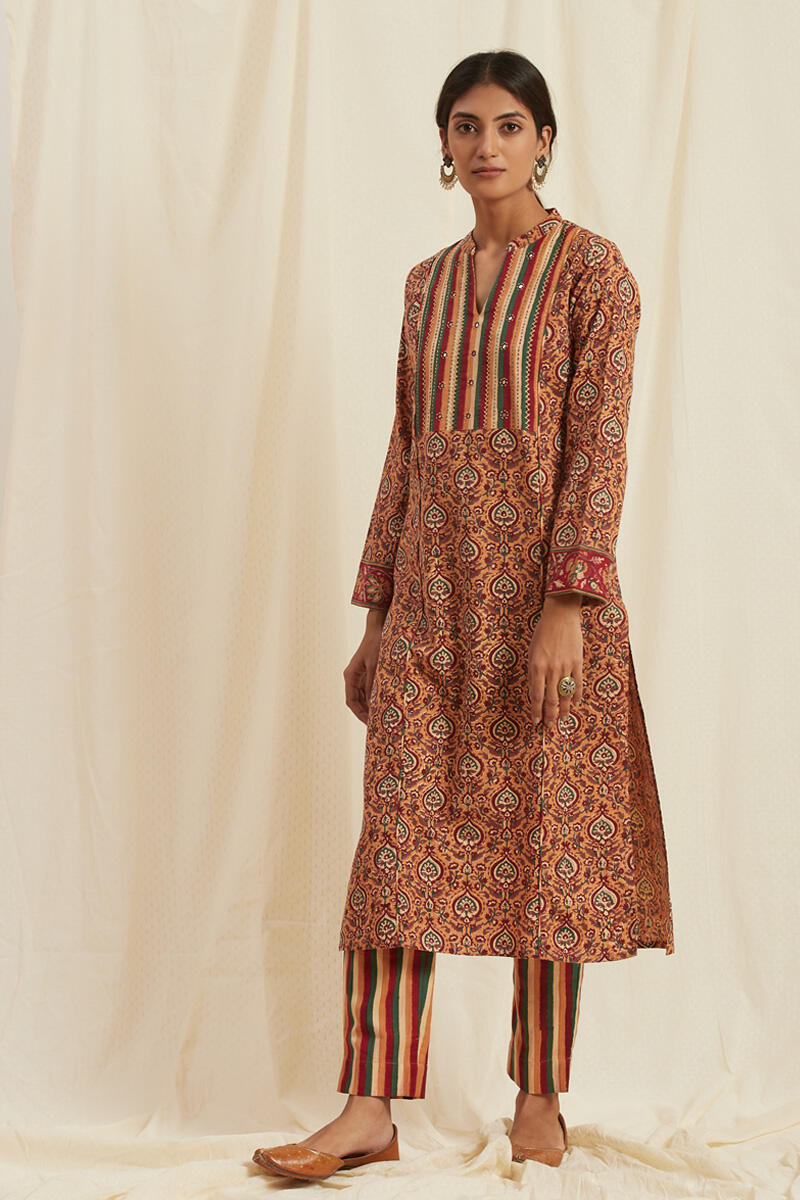 Mustard Block Printed Cotton Pants