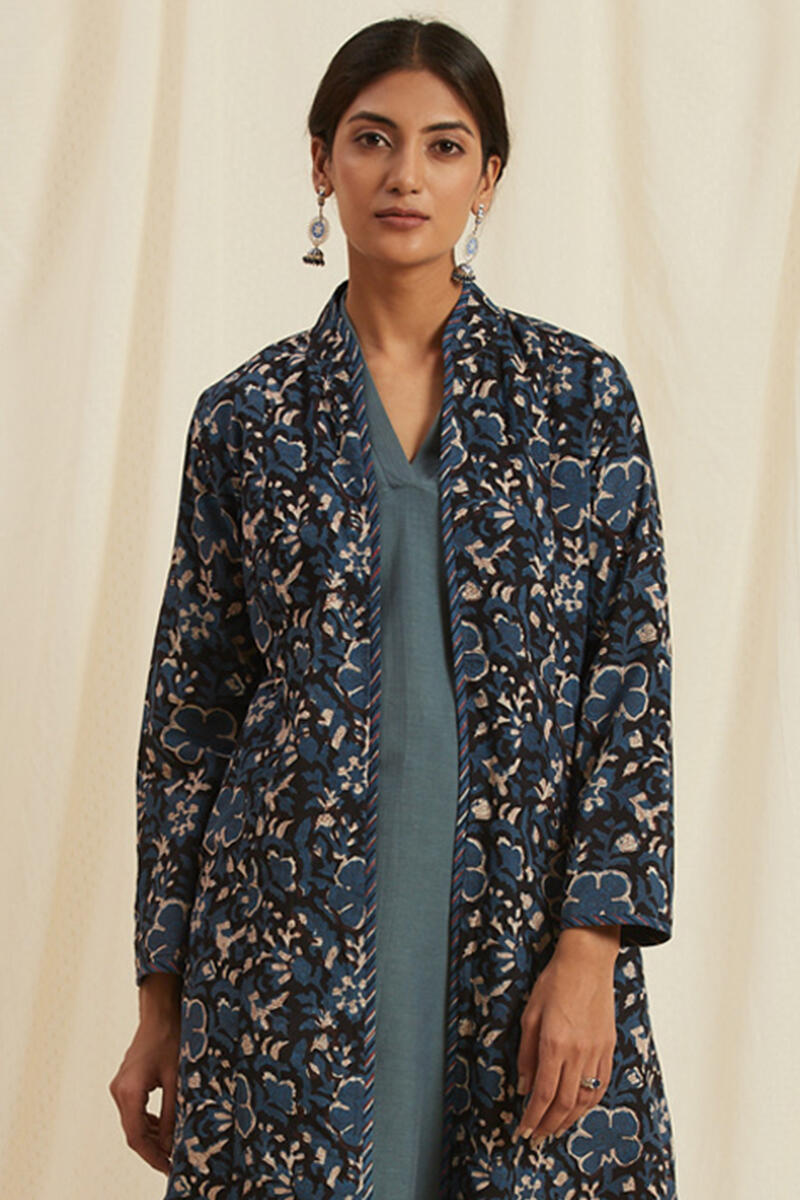 Black Block Printed Handloom Reversible Jacket