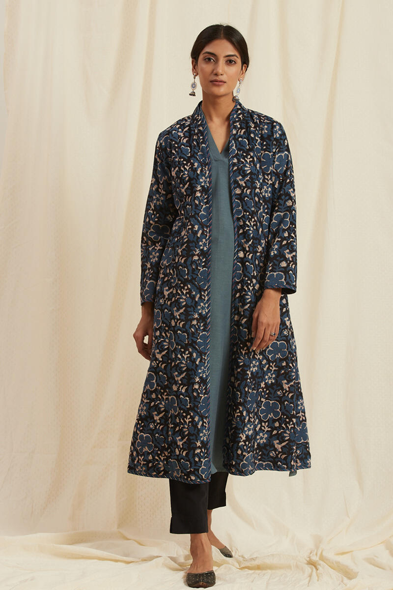 Black Block Printed Handloom Reversible Jacket