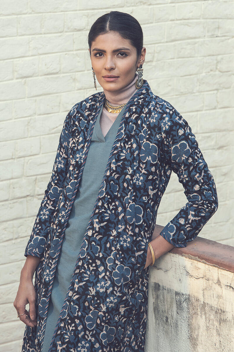 Black Block Printed Handloom Reversible Jacket