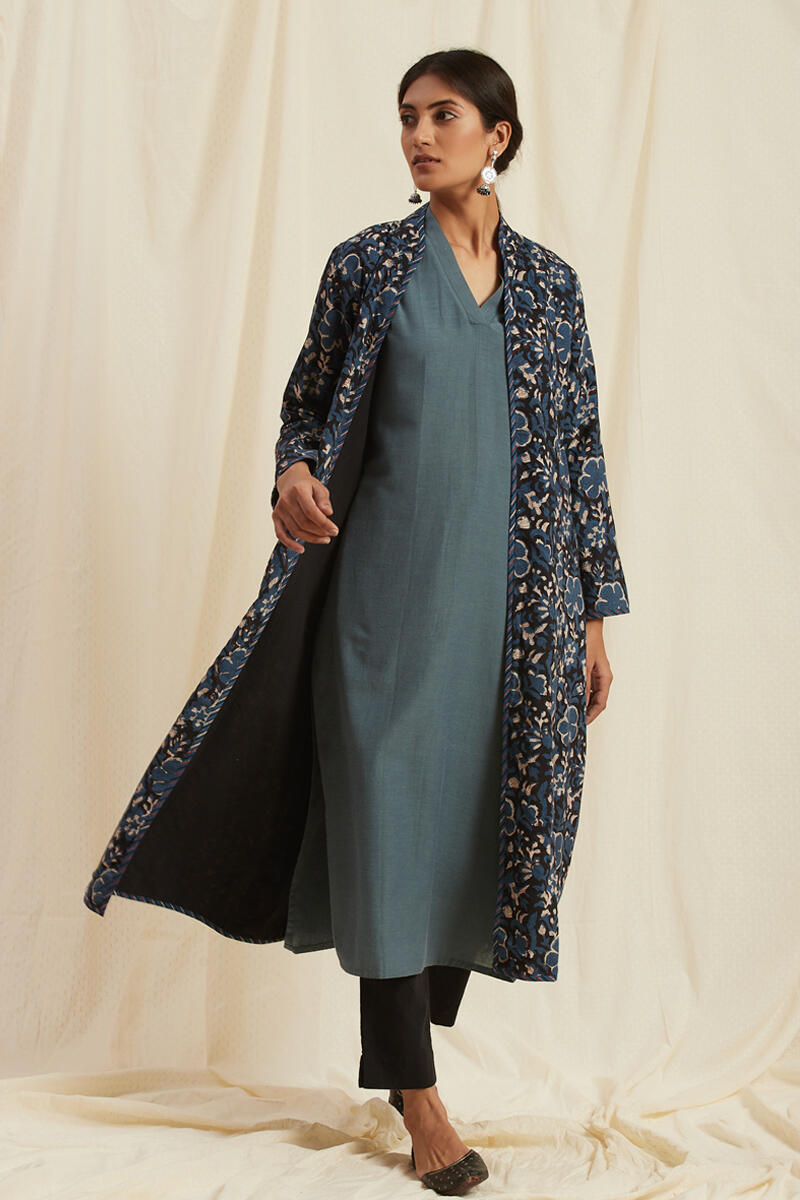 Black Block Printed Handloom Reversible Jacket