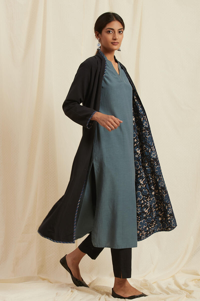 Black Block Printed Handloom Reversible Jacket