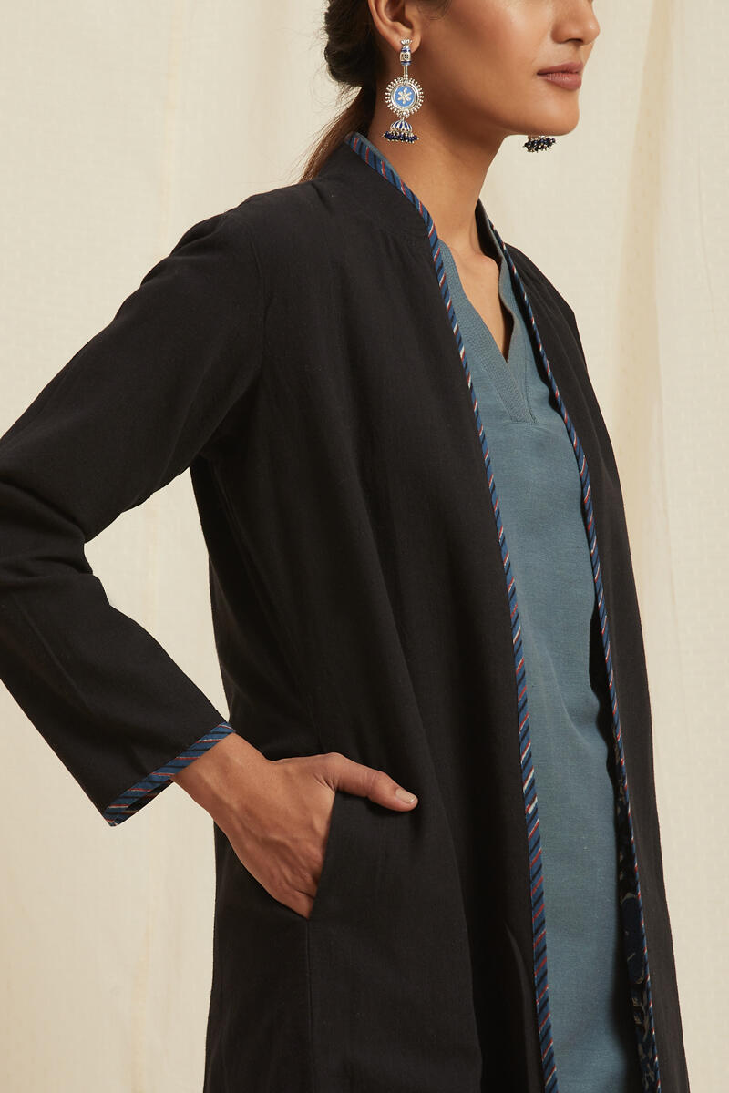Black Block Printed Handloom Reversible Jacket