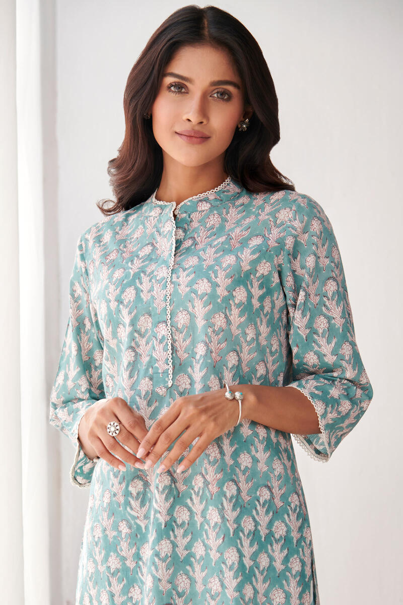 Blue Block Printed Cotton Loungewear Set