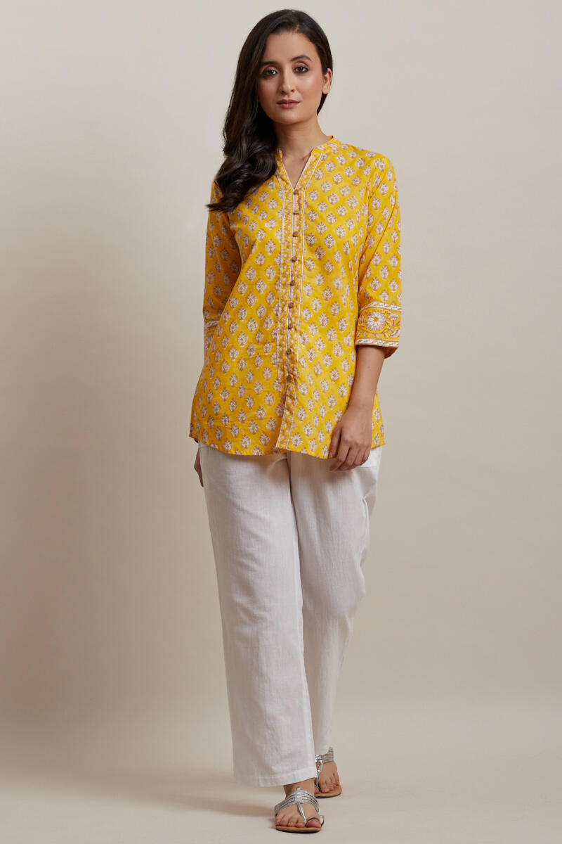 Yellow Block Printed Cotton Kurti