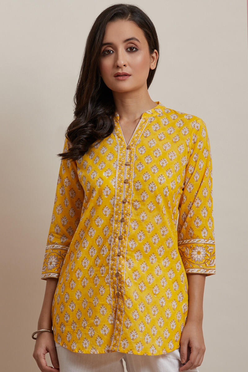 Yellow Block Printed Cotton Kurti