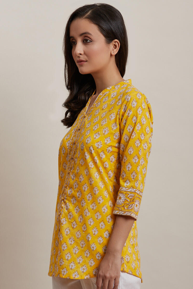 Yellow Block Printed Cotton Kurti