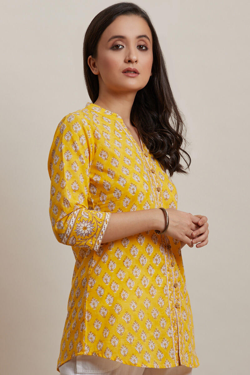 Yellow Block Printed Cotton Kurti