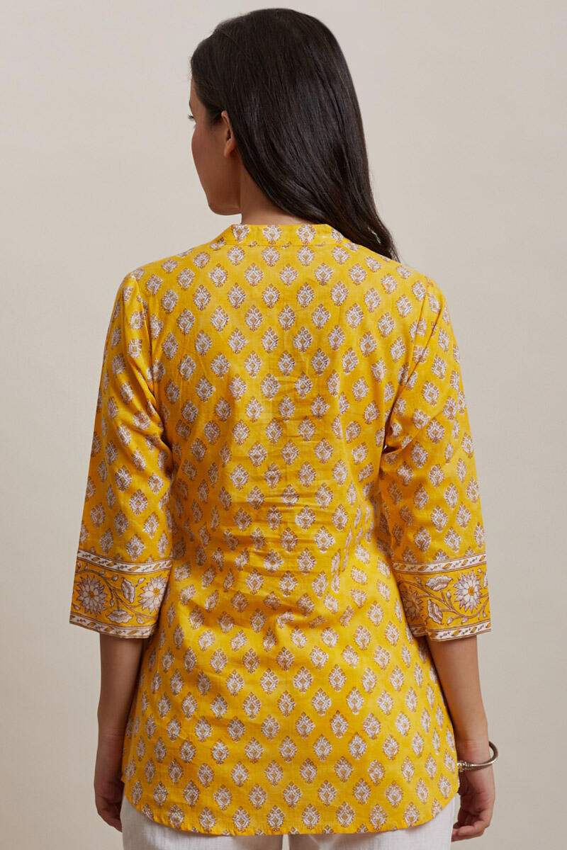 Yellow Block Printed Cotton Kurti