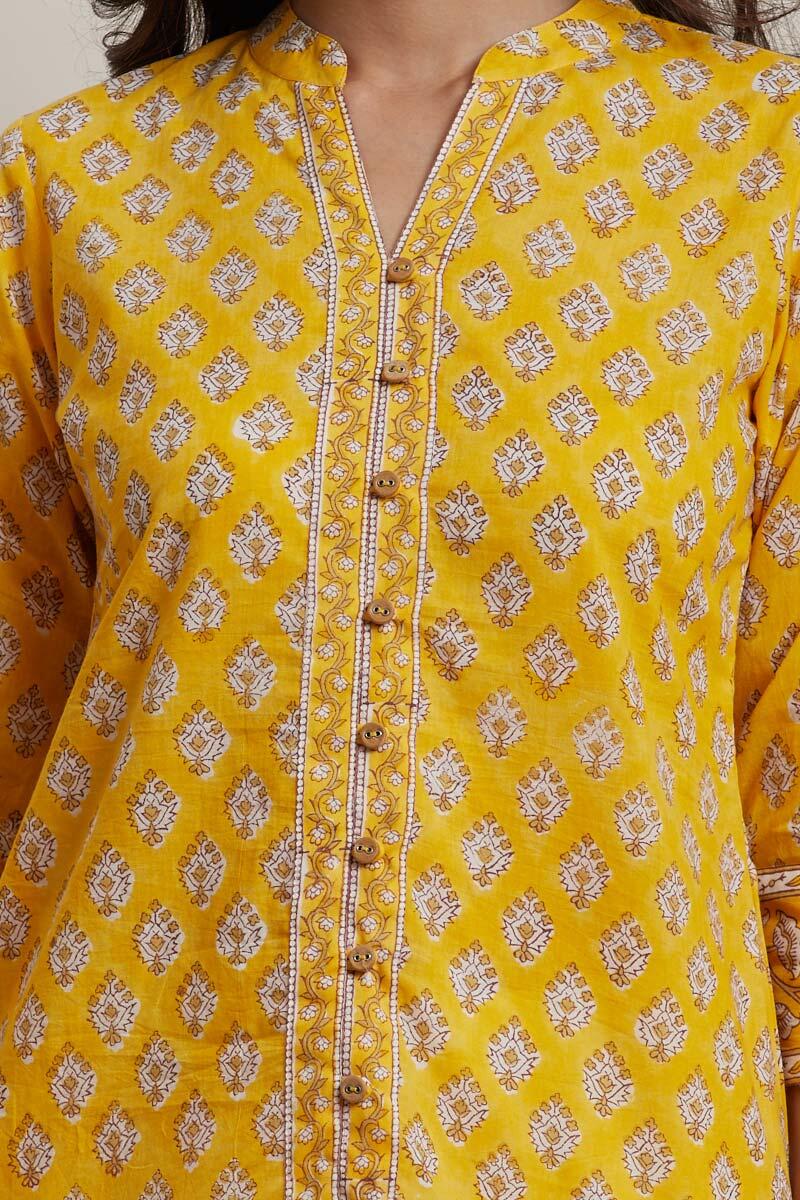 Yellow Block Printed Cotton Kurti