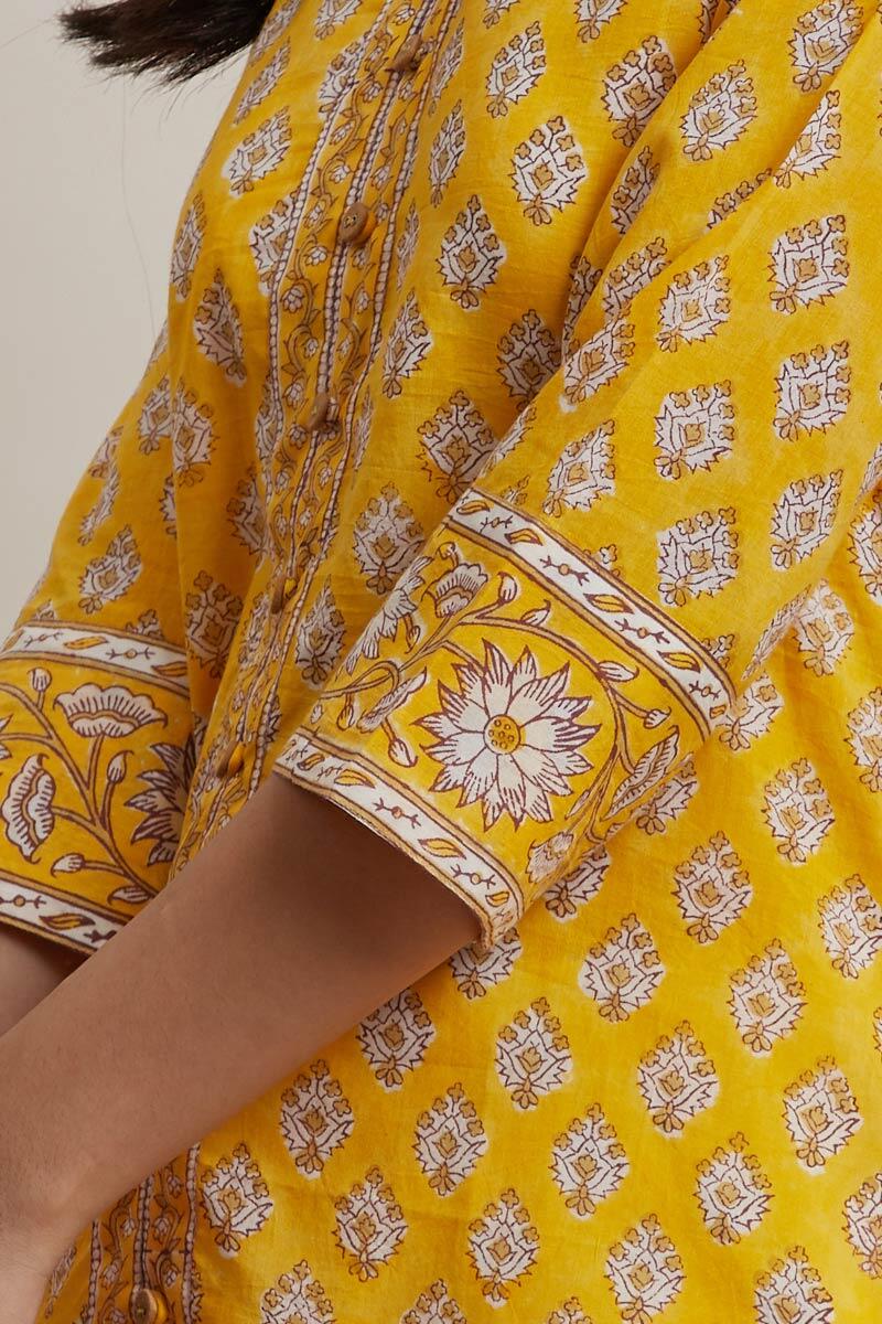 Yellow Block Printed Cotton Kurti