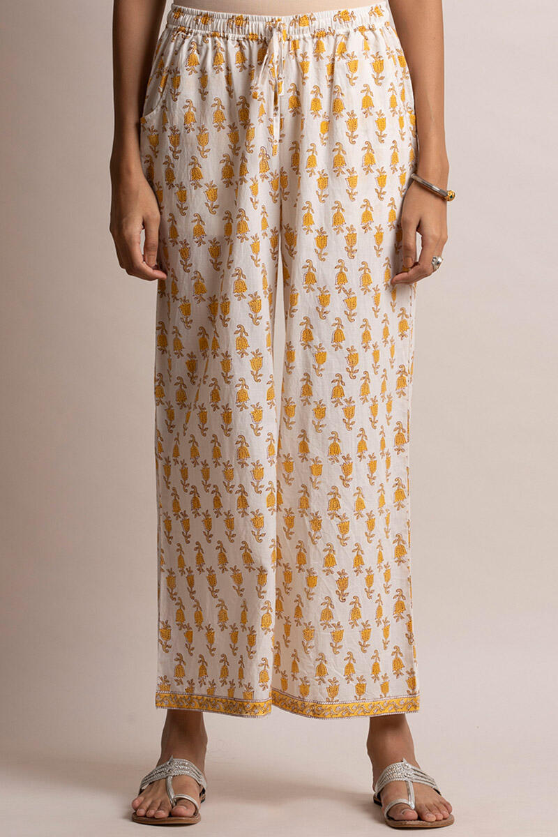 White Block Printed Cotton Farsi Pants