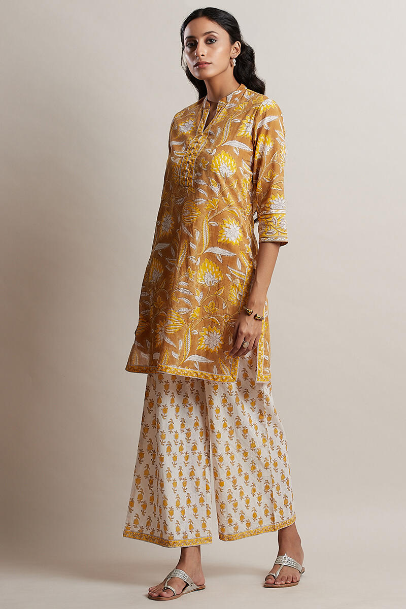 Mustard Block Printed Short Cotton Kurta