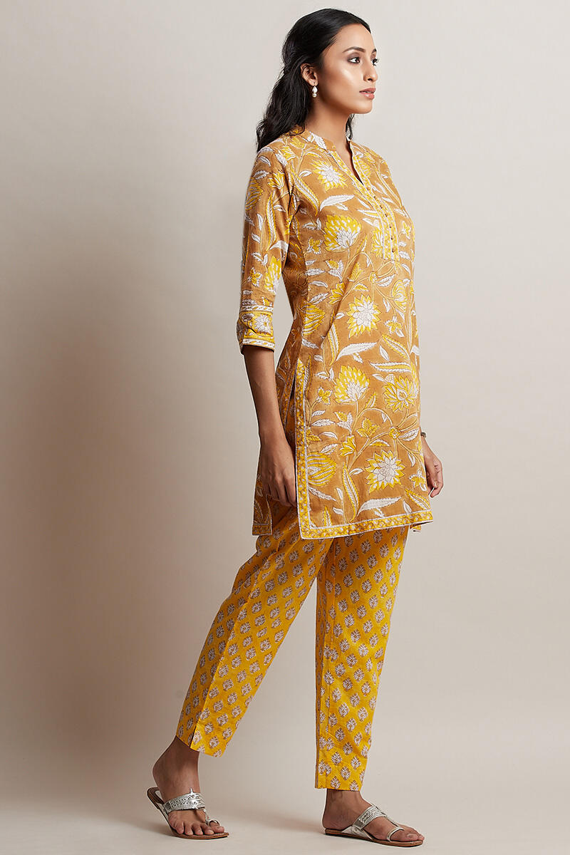 Mustard Block Printed Short Cotton Kurta