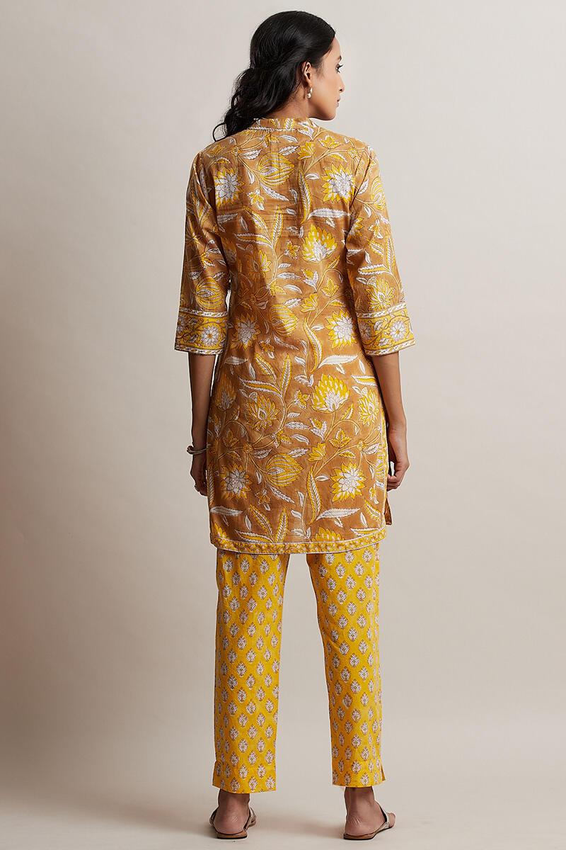 Mustard Block Printed Short Cotton Kurta