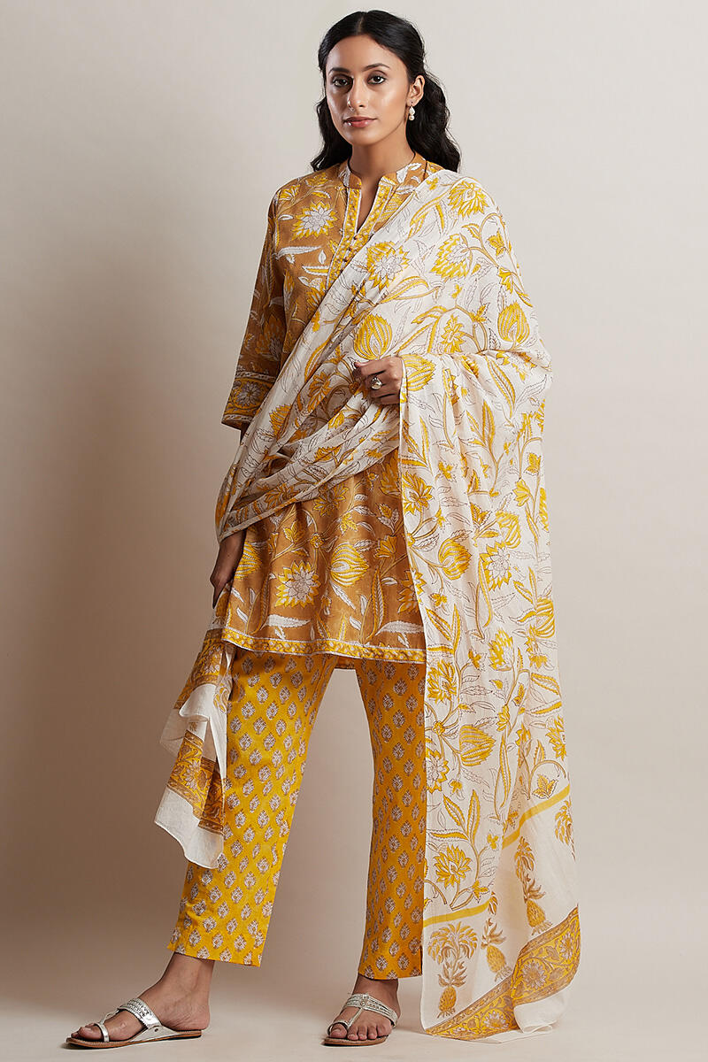 Mustard Block Printed Short Cotton Kurta