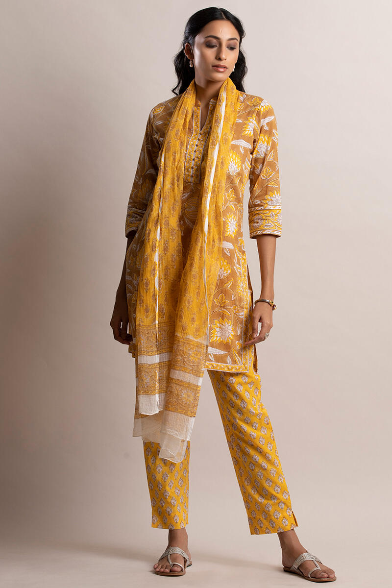 Mustard Block Printed Short Cotton Kurta