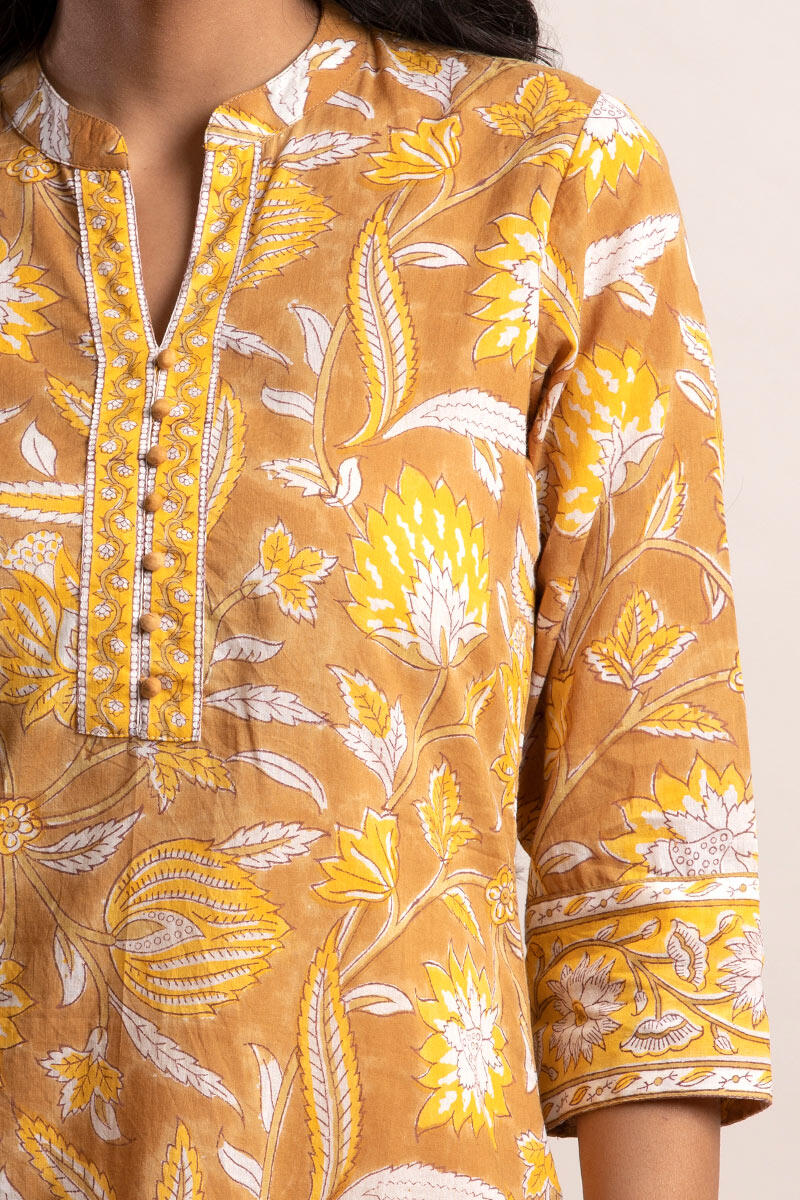 Mustard Block Printed Short Cotton Kurta