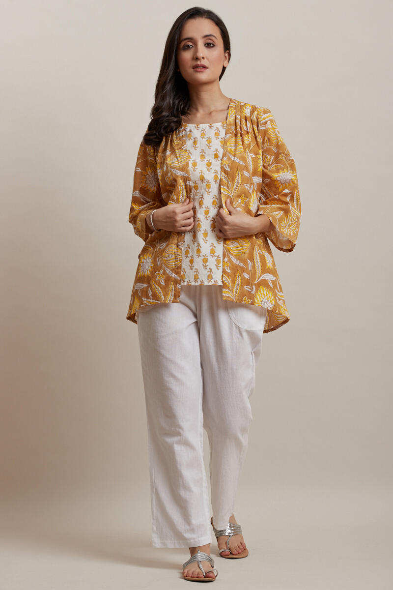 Mustard Block Printed Cotton Kimono