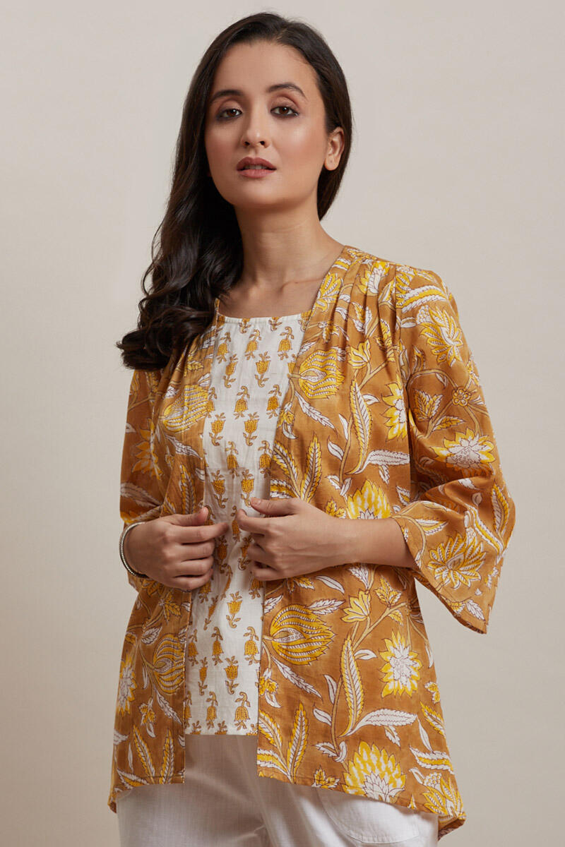 Mustard Block Printed Cotton Kimono