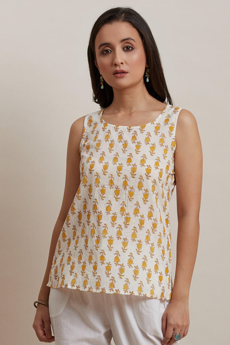 Mustard Block Printed Cotton Kimono