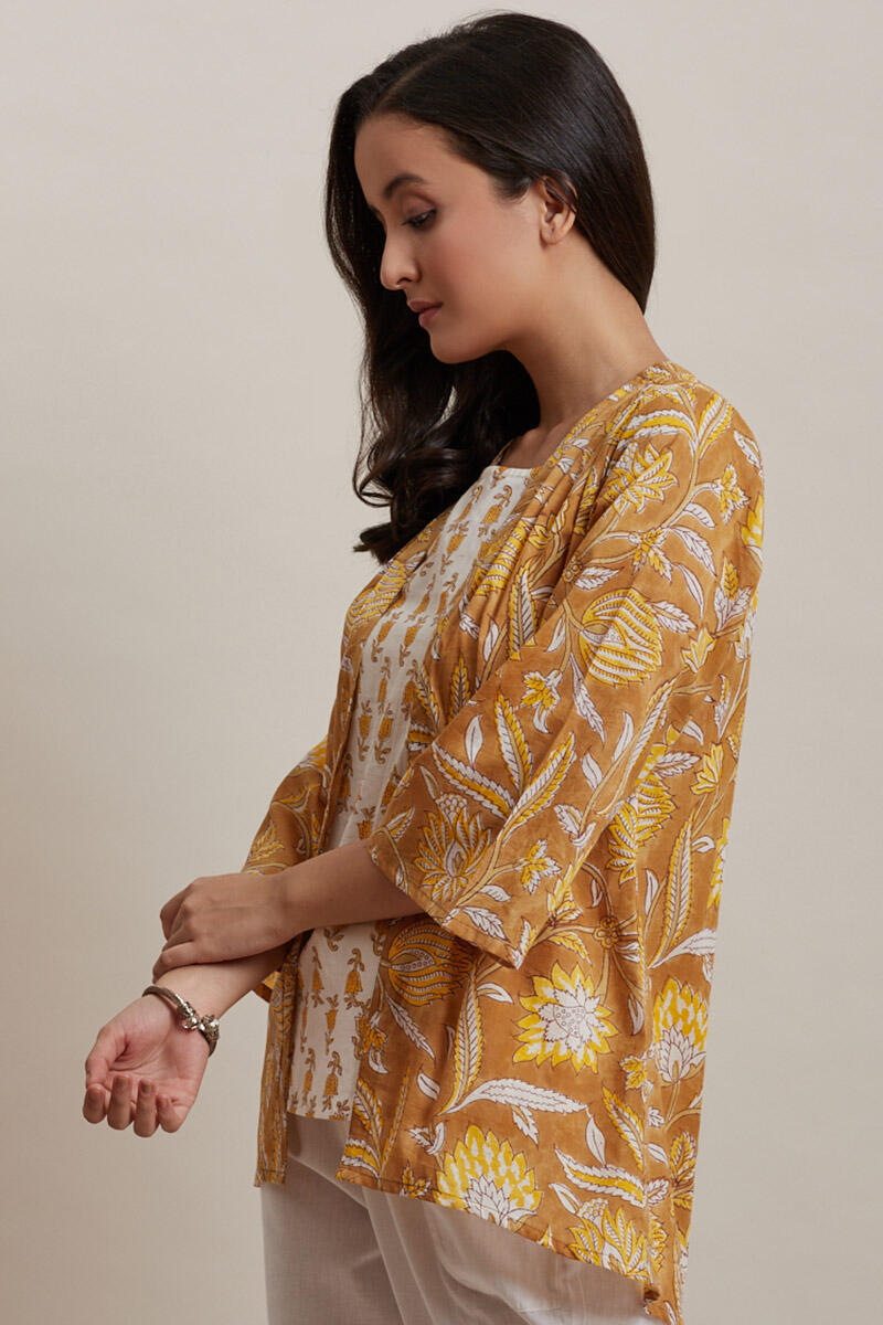 Mustard Block Printed Cotton Kimono