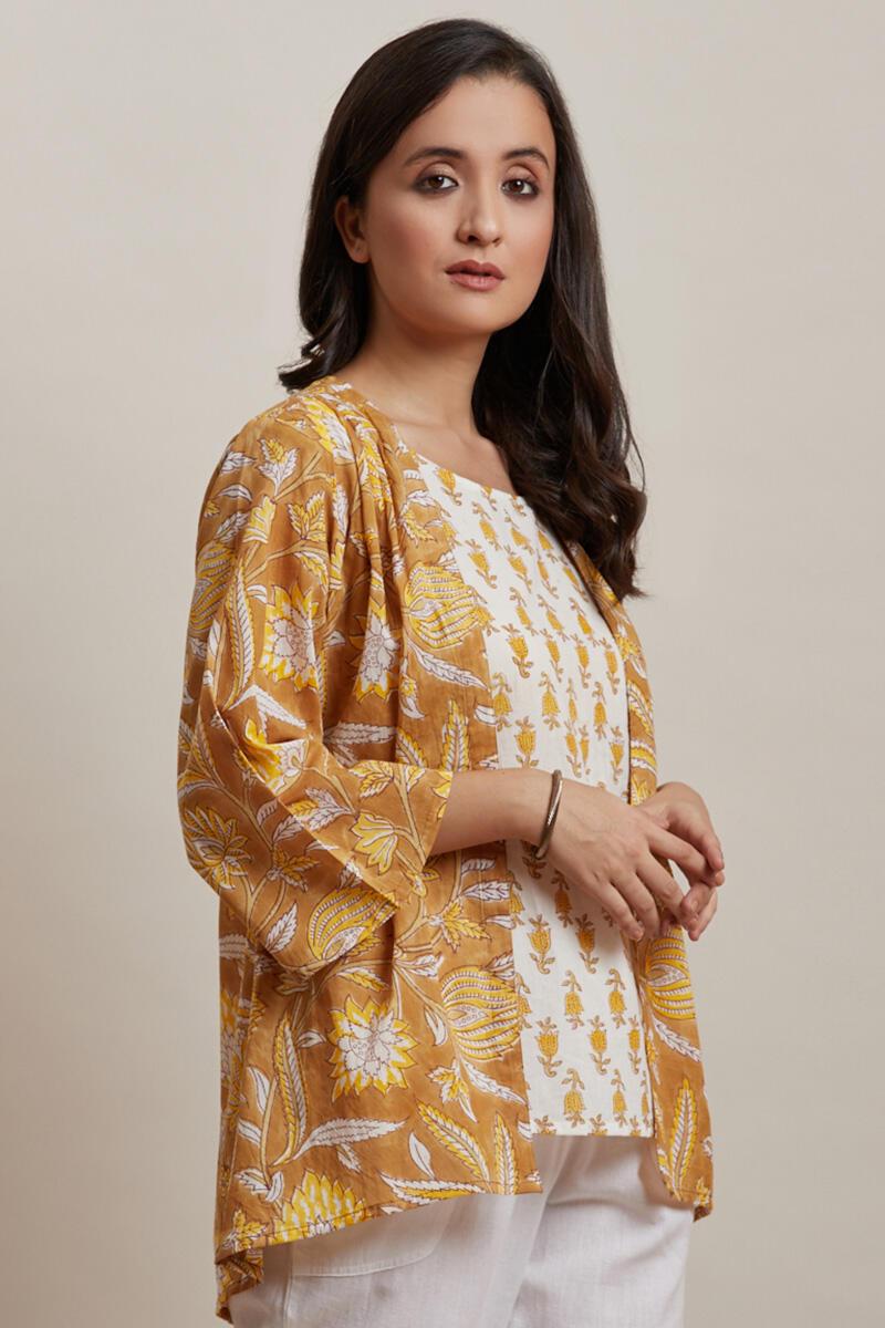 Mustard Block Printed Cotton Kimono