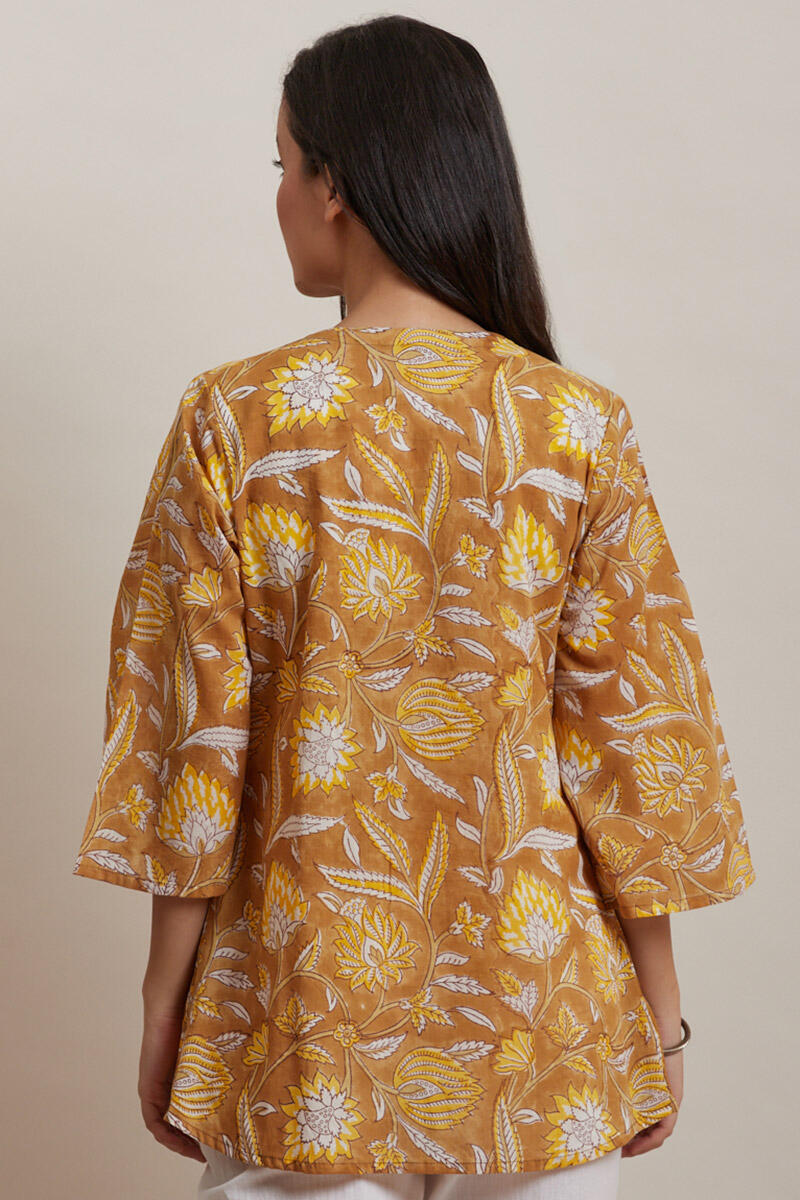 Mustard Block Printed Cotton Kimono
