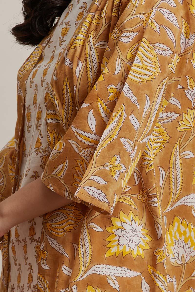 Mustard Block Printed Cotton Kimono