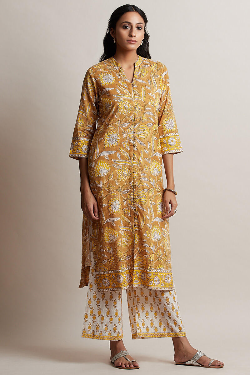 Mustard Block Printed Straight Cotton Kurta