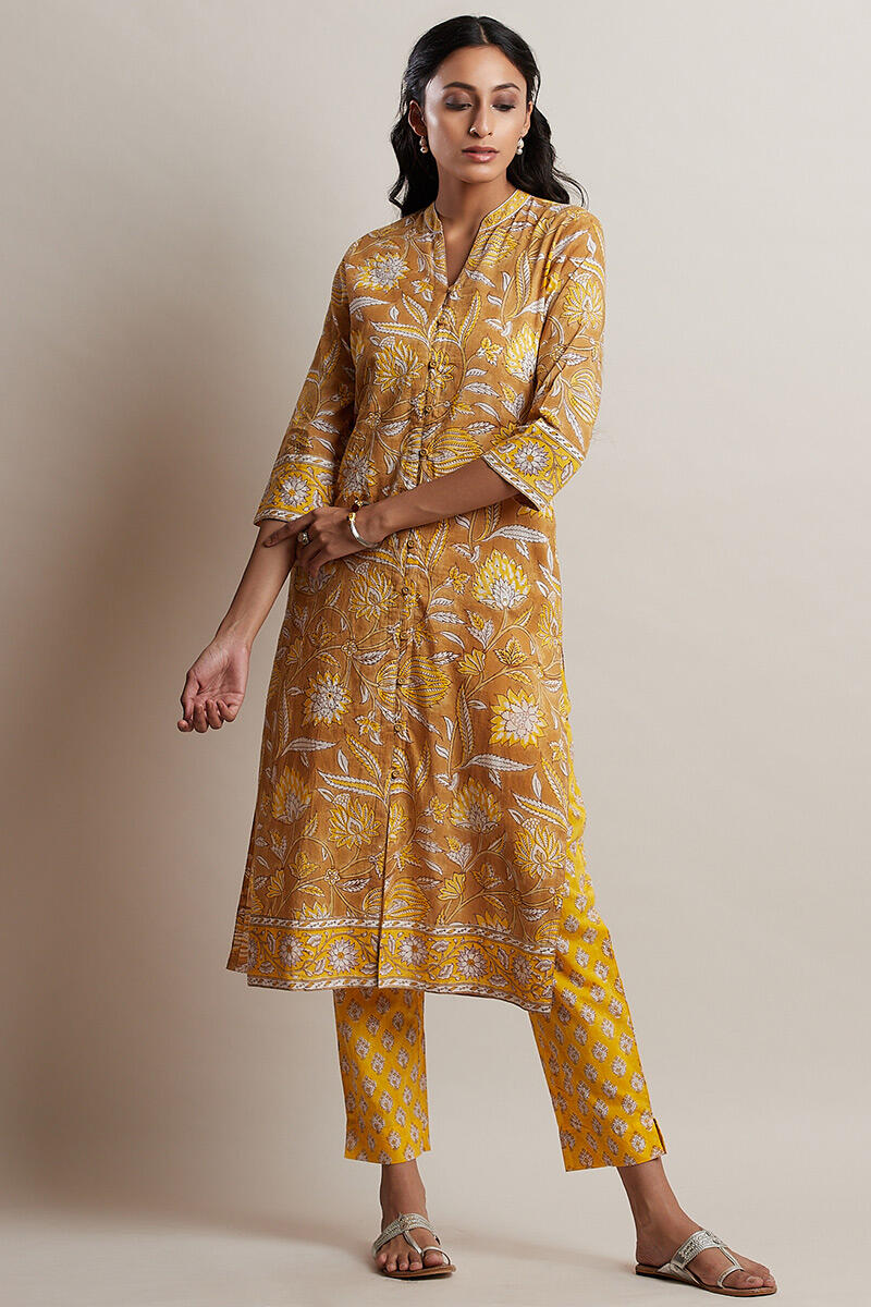 Mustard Block Printed Straight Cotton Kurta