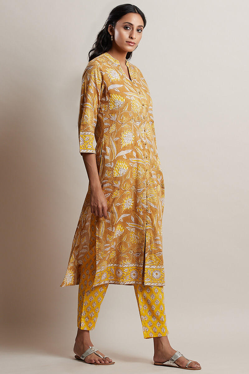 Mustard Block Printed Straight Cotton Kurta