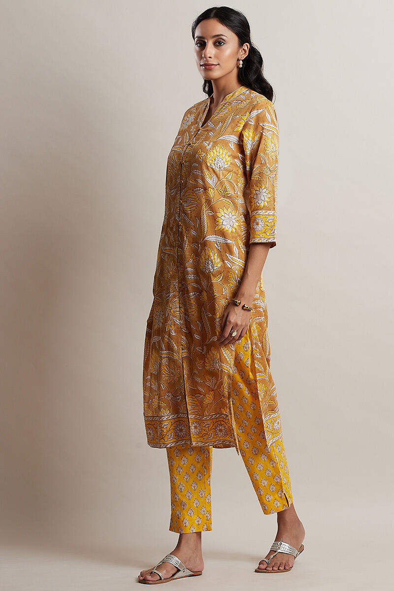 Mustard Block Printed Straight Cotton Kurta