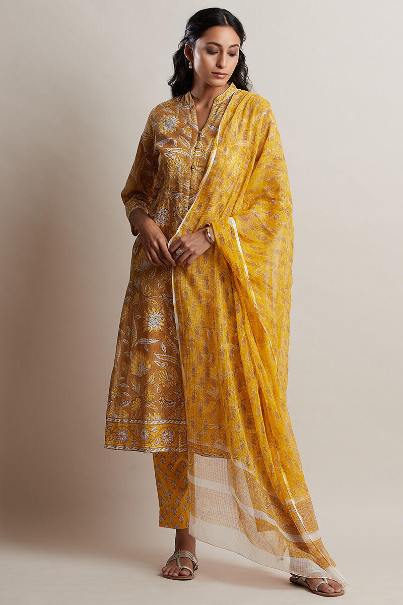 Mustard Block Printed Straight Cotton Kurta