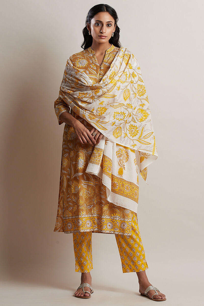 Mustard Block Printed Straight Cotton Kurta