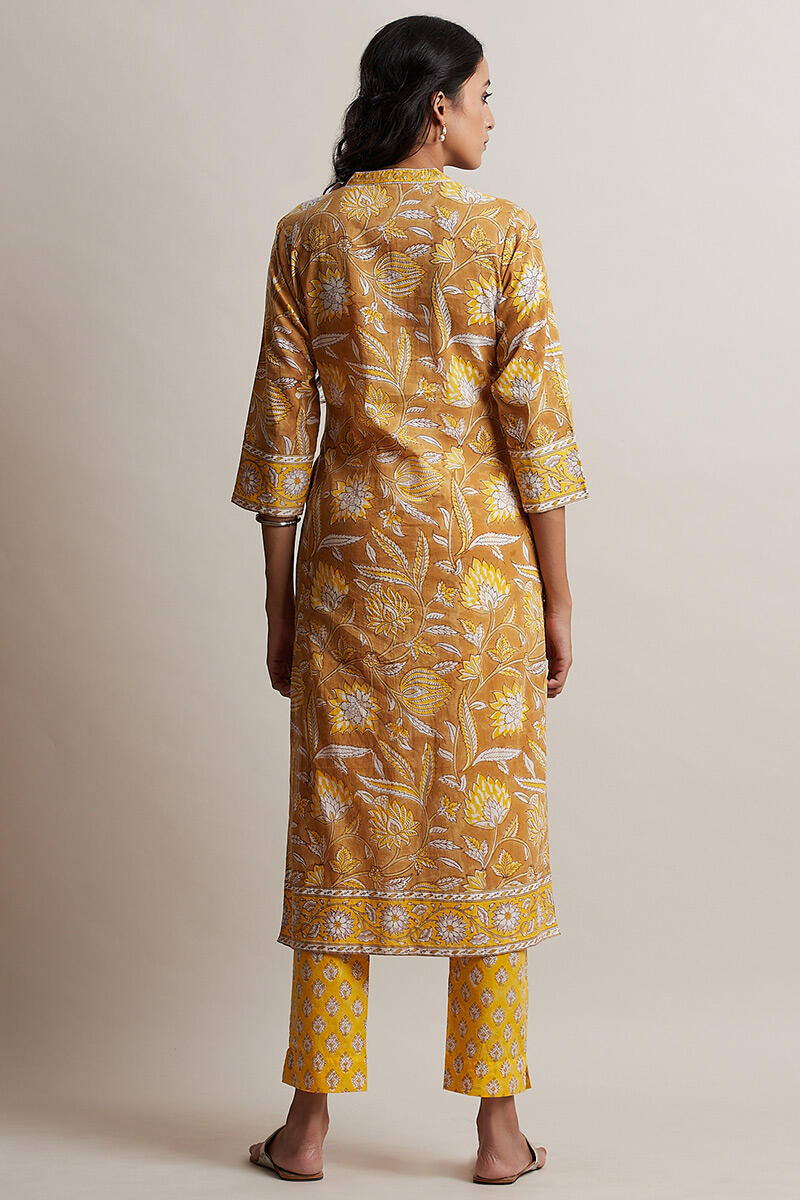 Mustard Block Printed Straight Cotton Kurta