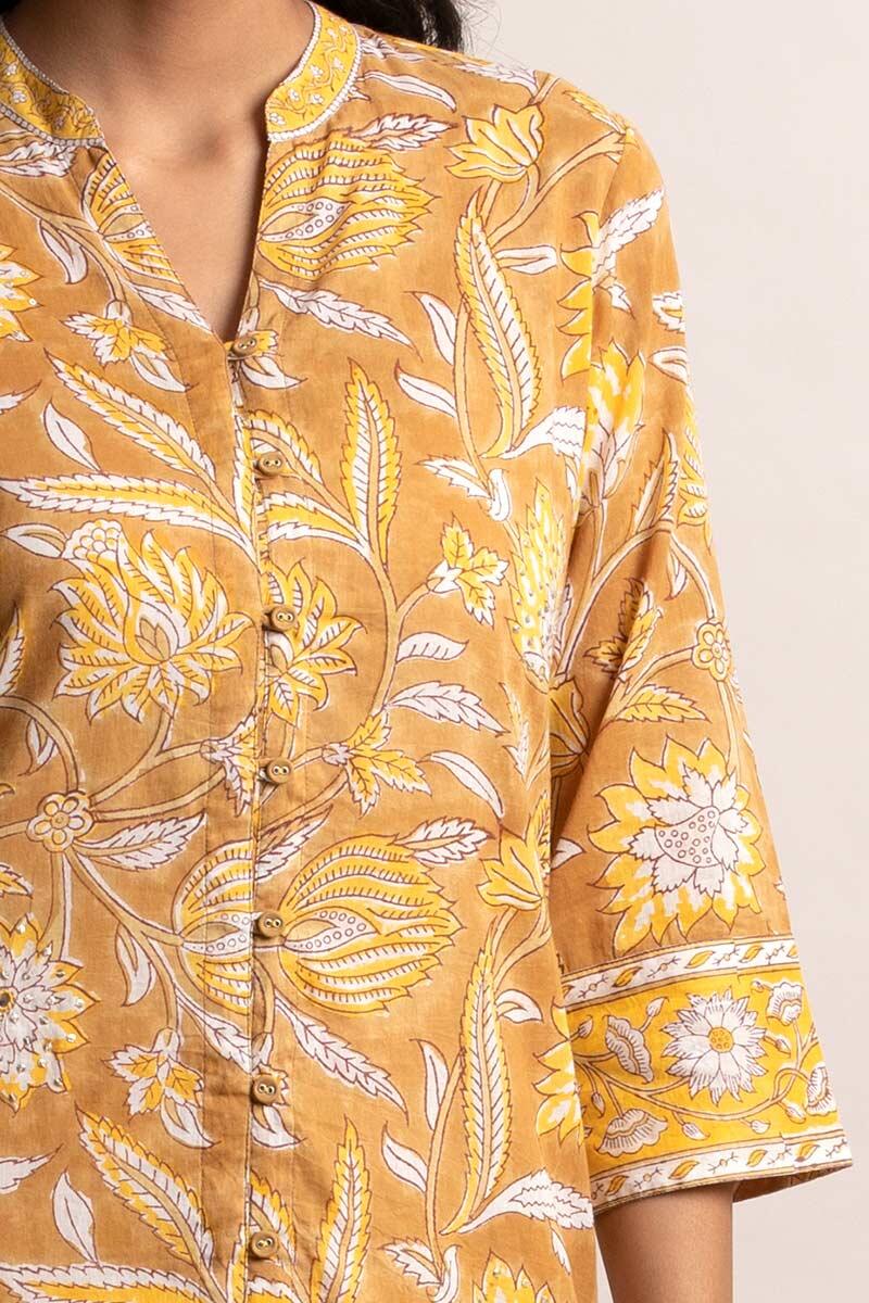 Mustard Block Printed Straight Cotton Kurta