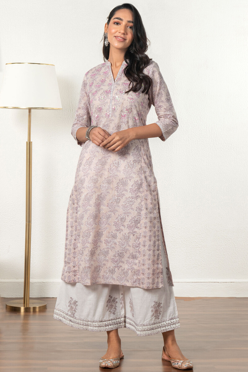 Pink Block Printed Straight Cotton Kurta