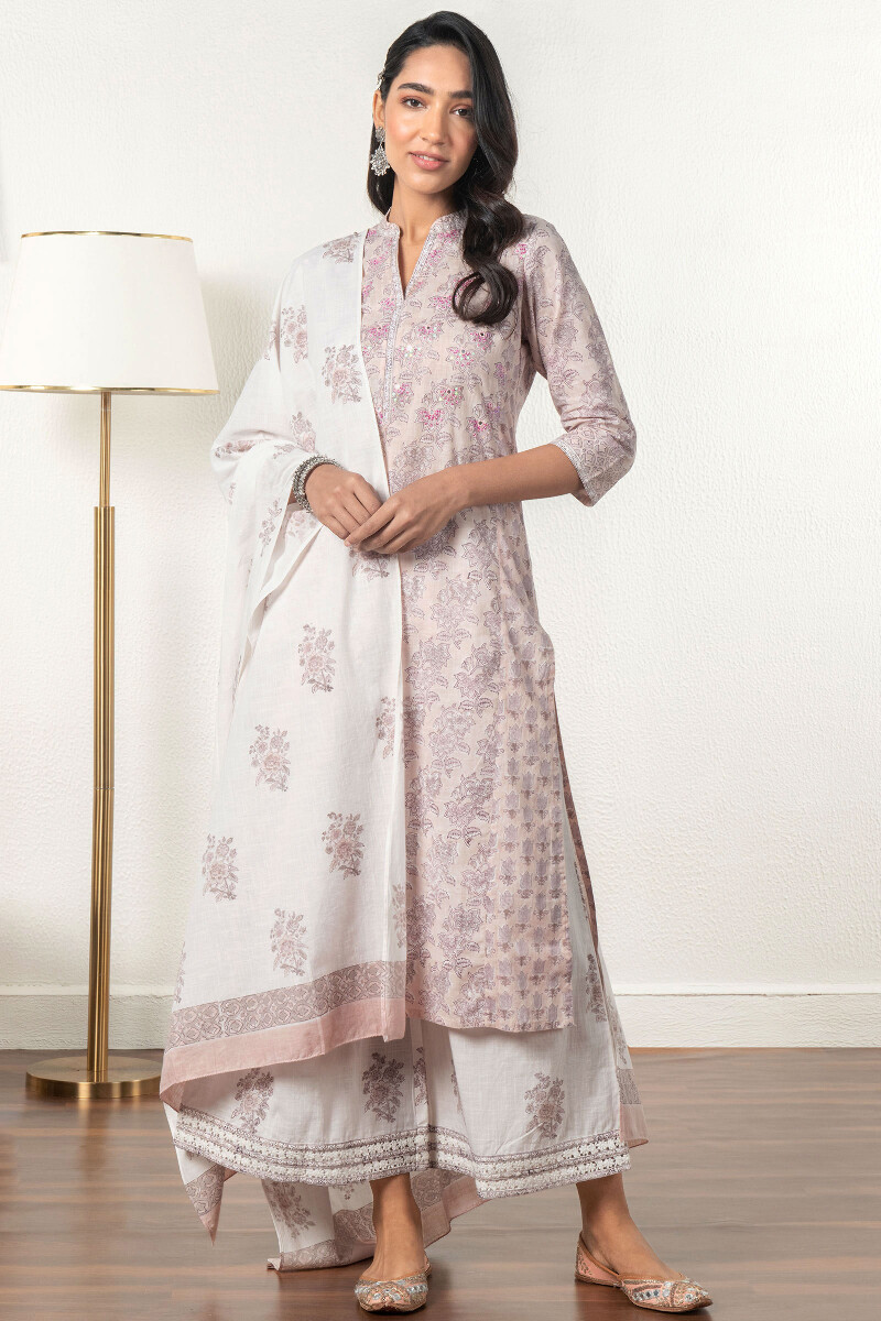 Pink Block Printed Straight Cotton Kurta