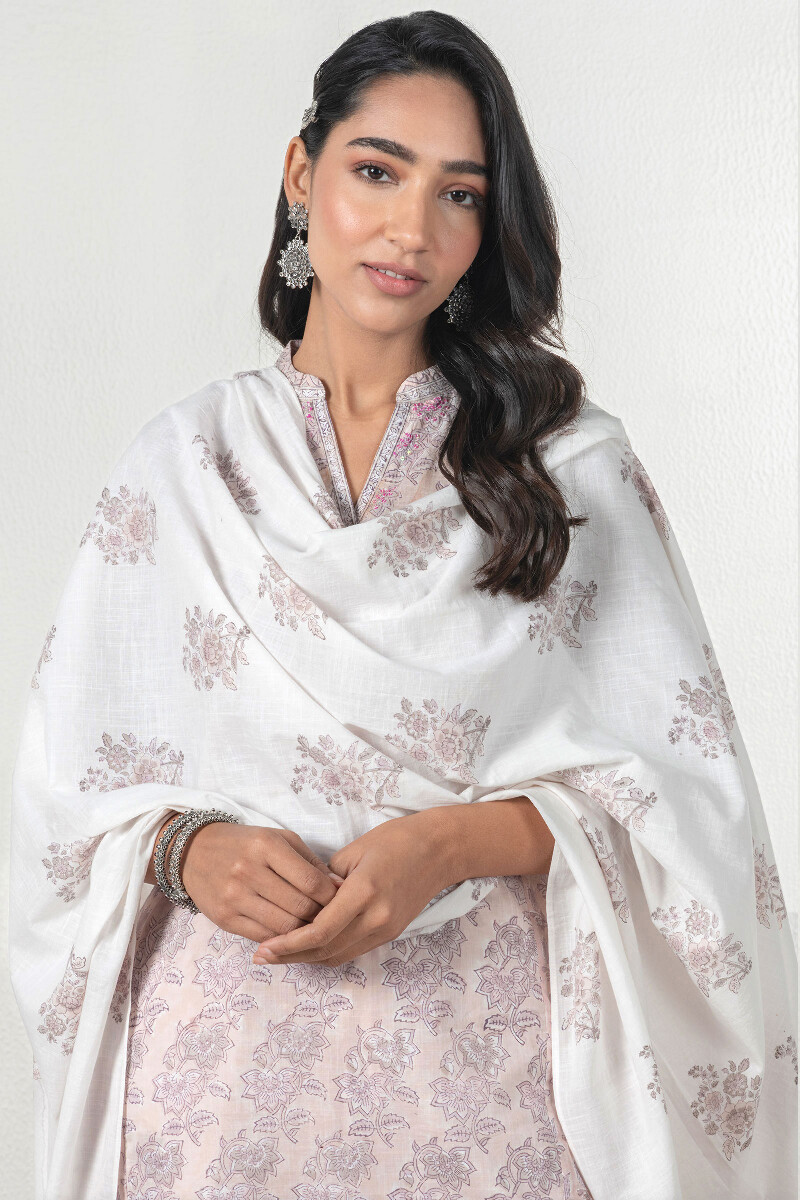 White Block Printed Cotton Dupatta